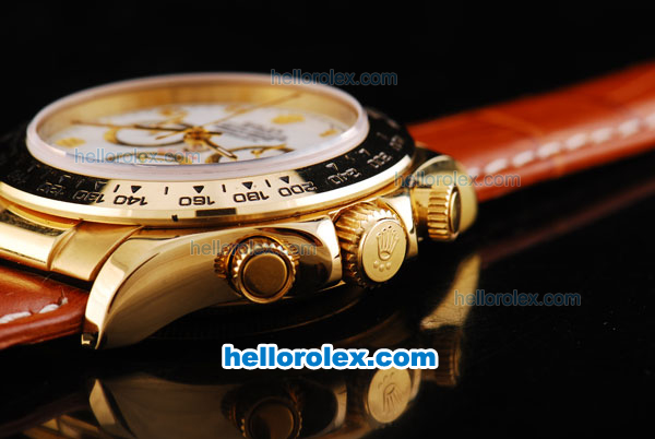 Rolex Daytona Oyster Perpetual Swiss Valjoux 7750 Automatic Movement Gold Case with White Dial-Gold Number Markers and Brown Leather Strap - Click Image to Close